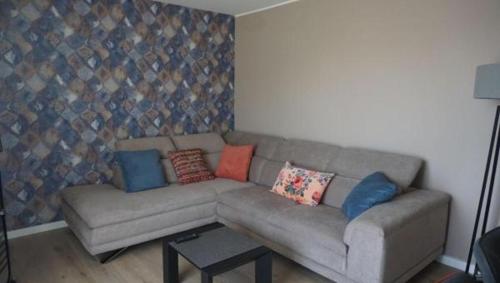 uma sala de estar com um sofá com almofadas em L'appollu em La Porta