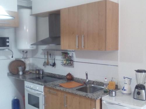 cocina con fregadero y encimera en Apartamento de playa, en Boiro