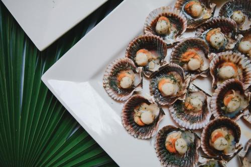 a plate of food with oysters on a table at Hotel President Terme in Abano Terme
