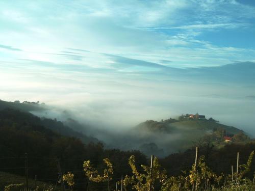 a house on top of a hill in the clouds at Weingut Schlafgut Genussgut Lorenz in Kitzeck im Sausal
