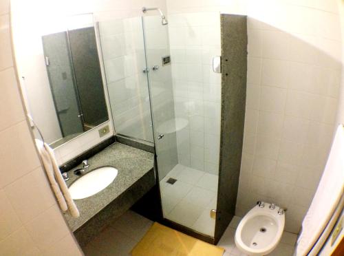 a bathroom with a shower and a sink and a toilet at Itajubá Hotel in Rio de Janeiro