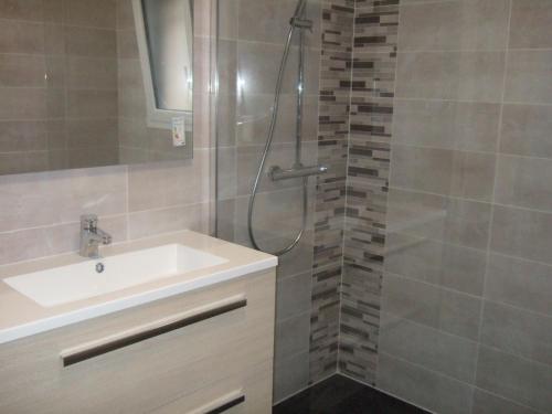 a bathroom with a sink and a shower at Gite Les Gobelins in Paimpont