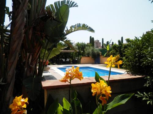 a swimming pool in a yard with yellow flowers at Mas La Trampa in La Selva del Camp