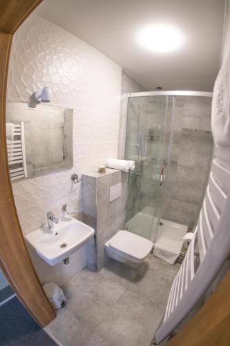 a bathroom with a shower and a sink and a toilet at Willa Plaza in Łeba
