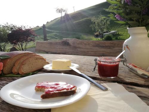 a plate of food with a piece of bread and butter at Appartement Reitlhof, Bio Berg Bauernhof in Krispl