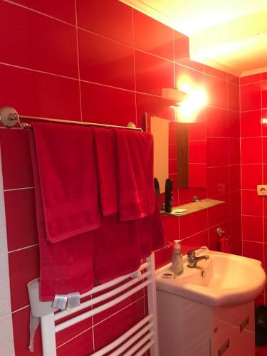a red bathroom with a sink and red towels at Sharkov Guest House in Dolen