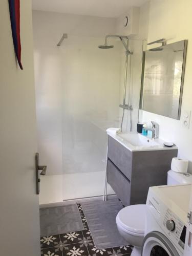 a bathroom with a sink and a toilet and a mirror at Corniche I 40 M2 - 40 M de l'eau et plages ! AU CALME wir sprechen flieBen deutsch, we speak English in Concarneau