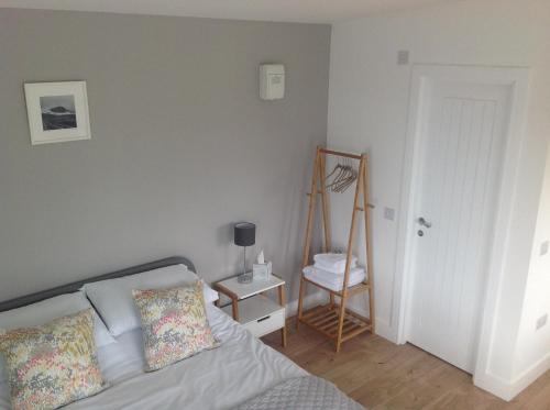 a bedroom with a bed and a ladder next to a door at Island View Room 1 in Harlosh
