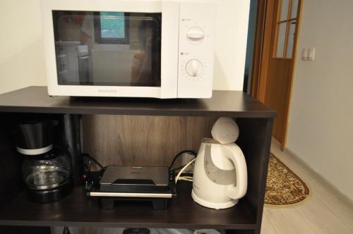 a microwave sitting on top of a shelf at Casuta cu Trandafiri in Slănic