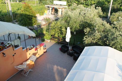 an overhead view of a patio with plants and an umbrella at La Farfalla in Fossacesia