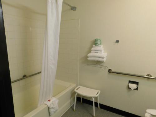 een badkamer met een bad, een toilet en handdoeken bij The Covered Bridge Inn in Brattleboro