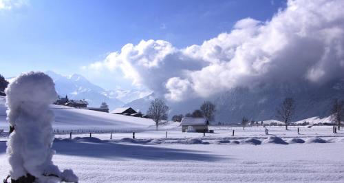 a field covered in snow with mountains in the background at Hotel Quehenberger in Maishofen