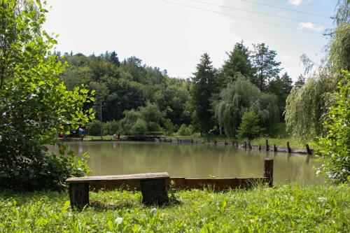 a park bench sitting in front of a pond at Robinson camp "Zeleni mir" in Josipdol