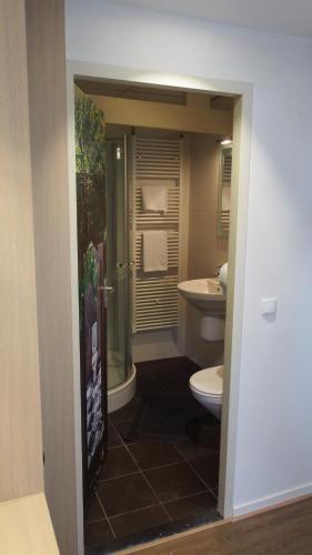 a bathroom with a toilet and a sink at Hotel Het Wapen van Drenthe in Roden