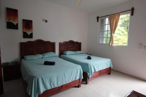 two beds in a room with two windows at Villas Roseliz in Punta Allen