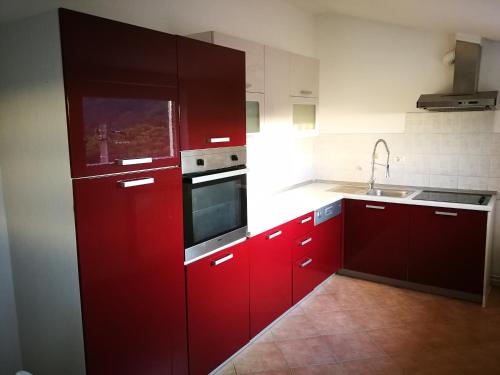 una cocina roja con armarios rojos y fregadero en Apartma Čeh en Gabrovica pri Črnem Kalu