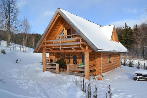 a log cabin with a snow covered roof in the snow at Leśniówka Domki W Karpaczu in Karpacz