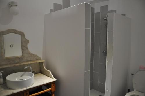 La salle de bains est pourvue d'un lavabo et d'une douche. dans l'établissement La Petite Maison Rouge, à Mèze