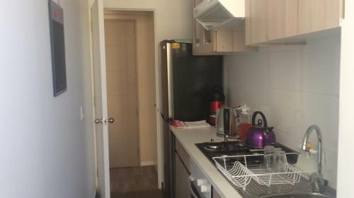 a small kitchen with a sink and a refrigerator at Departamento Viña del Mar in Viña del Mar