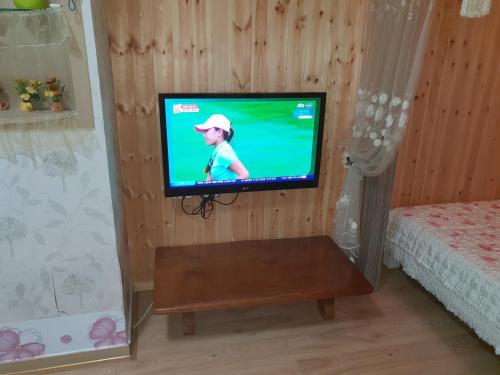 a television in a room with a bed and a table at Jirisan One Night Two Days Pension in Gurye