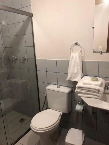 a bathroom with a toilet and a shower and towels at Estalagem Engenho de Serra - Parque Nacional do Itatiaia - Parte Alta in Itamonte