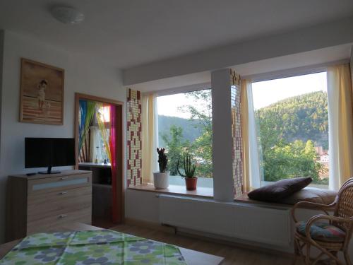a bedroom with a window with a view of a mountain at Ferienwohnung Morgensonne in Bad Schandau
