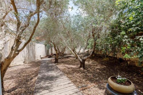 a wooden pathway through a garden with trees at Smadar Inn in Zikhron Ya‘aqov