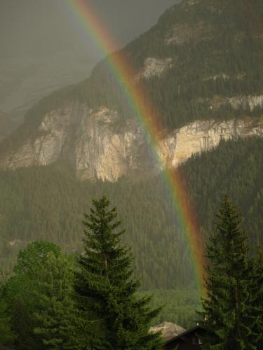 a rainbow in the middle of a mountain at Hotel Bel-Air Eden in Grindelwald