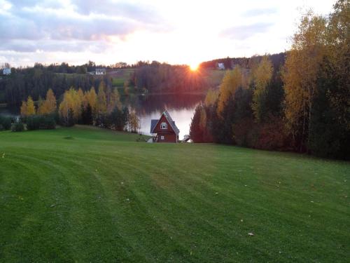 a green field with a house in the middle of a lake at Country Houses Vidų Sodyba in Utena