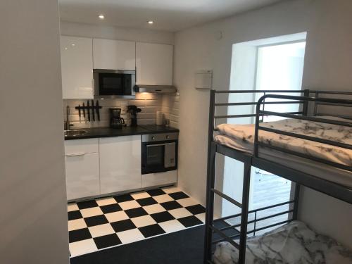a small kitchen with a bunk bed in a room at Smultronstallet Gårdshotell in Valleberga