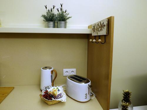 a kitchen counter with a toaster on a shelf at Casa Máximo in Penafiel
