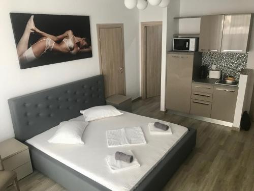 a bedroom with a bed and a small kitchen at DeSilva Studios 46 & 47 in Mamaia