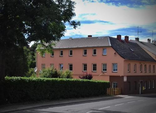 a large pink house with a hedge next to a street at BIGTRIP.CZ apartments in Krásná Lípa