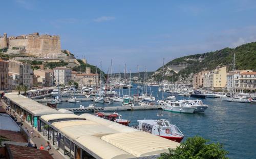 a group of boats are docked in a harbor at L'Escale in Bonifacio