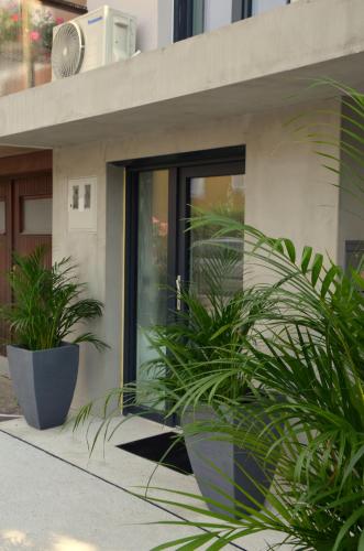 a building with two potted plants in front of it at Casa nostra Capodistria in Koper