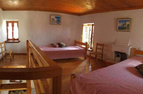 a bedroom with two beds and a fireplace in it at Xinovrissi Studios in Xinóvrisi