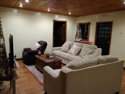a living room with two couches and a tv at Ngomongo in Nanyuki