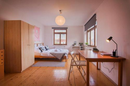 ein Schlafzimmer mit einem Bett und einem Schreibtisch. in der Unterkunft Slavikova Residence in Prag