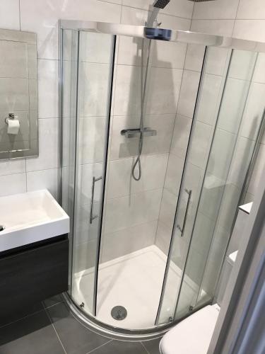 a shower with a glass door in a bathroom at Berkshire Serviced Apartment Helena 12 in Reading