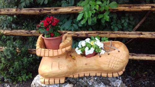 a baseball glove with two flowers in it at Bauernhof Residence Hausergut with Ortler views, central and quiet position in Sluderno
