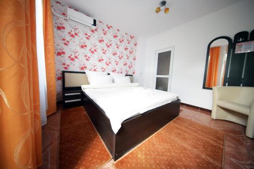 a bedroom with a bed and a red wall at Pensiunea Lokanta in Daia