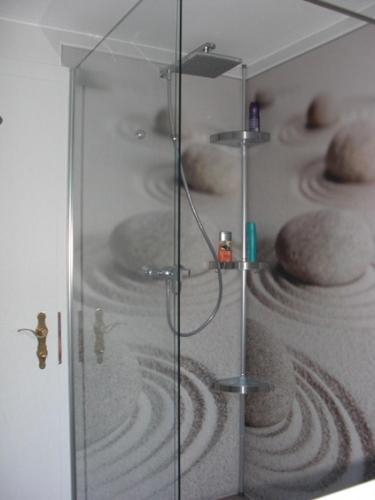 a shower with a glass door and some rocks at Ferienhaus Reschreiter in Abtenau