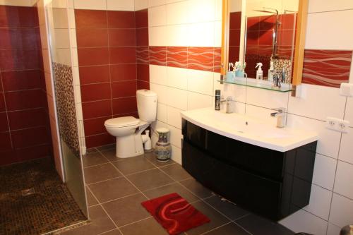 une salle de bain avec un lavabo et des toilettes dans l'établissement ancienne ferme rénovée, à Upie