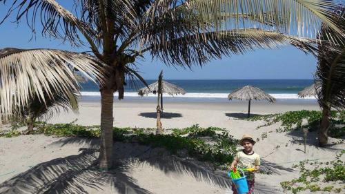 a person standing on a beach with a palm tree at Bora Bora Bungalows in Los Órganos