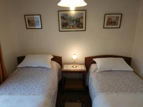 Apart Hotel Aleman في بويرتو مونت: سريرين في غرفة نوم مع مصباح على طاولة