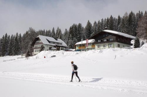 uma pessoa a esquiar na neve em frente às casas em Hotel Tischlbergerhof em Ramsau am Dachstein