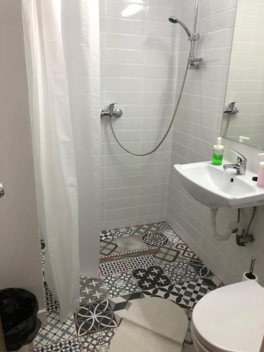 a bathroom with a shower and a sink and a toilet at Green Apartment 59 in Bucharest