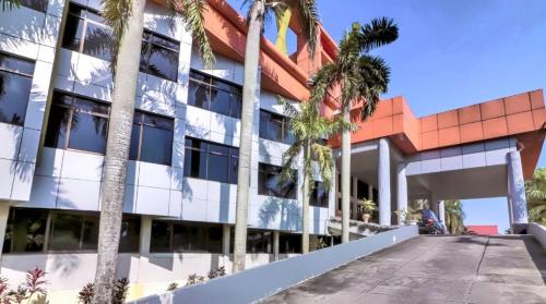 un bâtiment avec des palmiers en face de celui-ci dans l'établissement Ratu Mayang Garden, à Pekanbaru