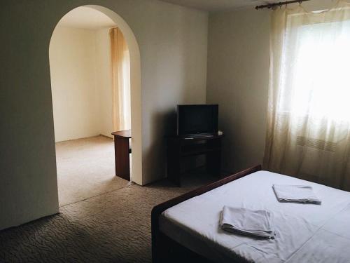 sypialnia z łóżkiem, telewizorem i oknem w obiekcie Crocus w mieście Dragobrat