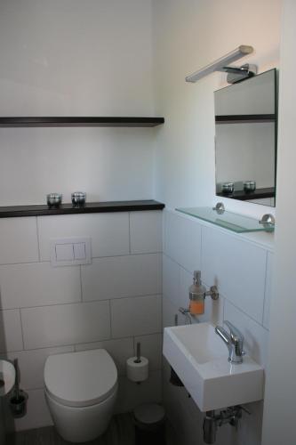 a white bathroom with a toilet and a sink at Holunder Hüsken in Oberlangen